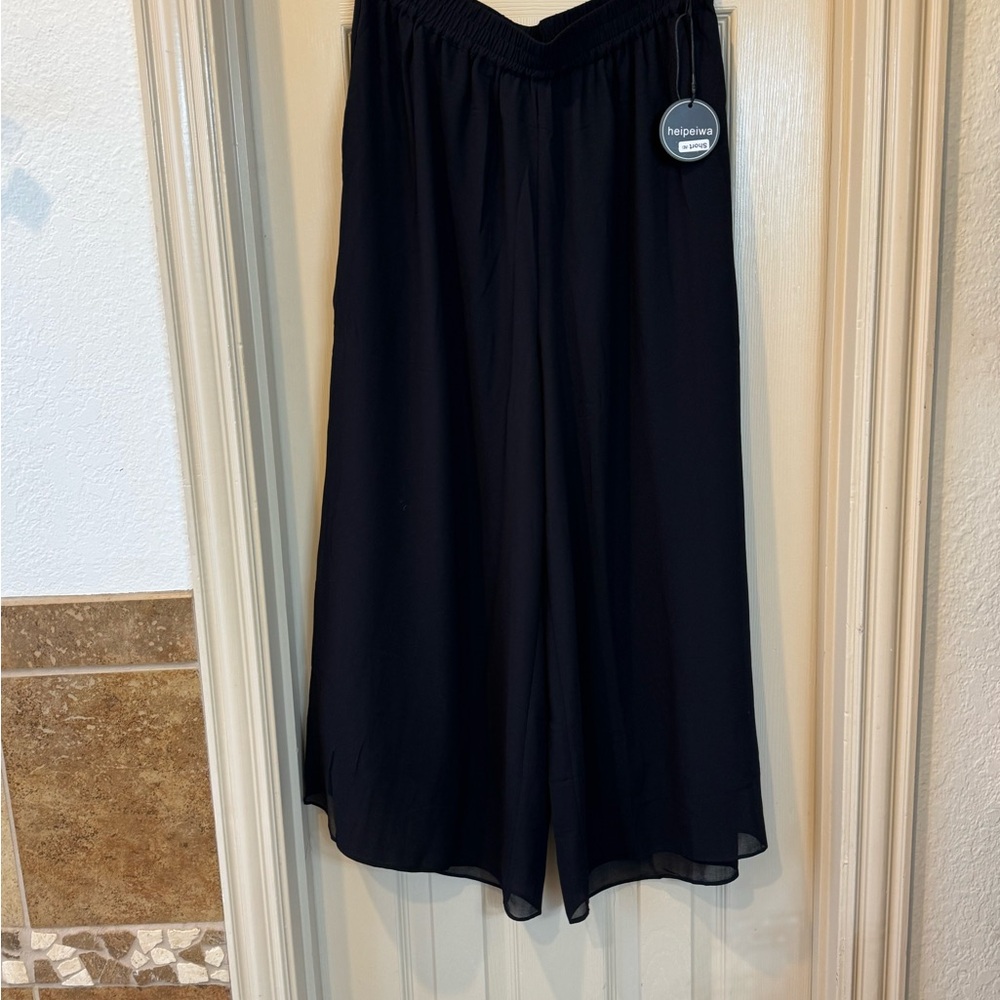 Heipeiwa Black Chiffon Wide-Leg Pants
